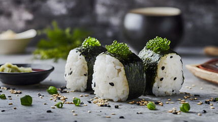 Onigiri rice balls wrapped in seaweed are garnished with green toppings and sesame seeds, set on textured surface with scattered green onions and small dish of wasabi