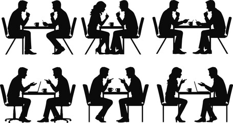 Conversation, silhouette, pair, seated, table, discussion, interaction, communication, casual, meeting, talk, gesture, people, coffee, dialogue, posture, connection, social, vector, illustration