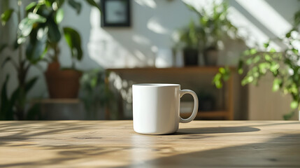 Obraz premium White mug sits on wooden table in sunlit room with plants, creating serene atmosphere. natural light enhances simplicity and elegance of scene