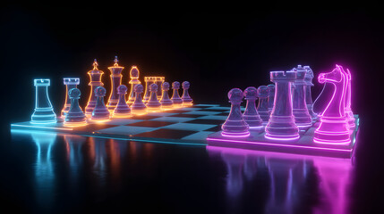 Neon lit chess game concept art with glowing board and pieces creates futuristic and vibrant atmosphere. colorful illumination enhances strategic and artistic appeal