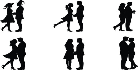 Couple, silhouette, romance, love, interaction, standing, gesture, relationship, affection, embrace, kiss, gift, connection, pose, moment, intimacy, partner, vector, illustration, playful