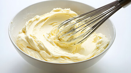 Whisk mixing creamy cake batter in white bowl, showcasing smooth and fluffy texture, perfect for baking enthusiasts. image captures essence of home baking