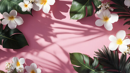 Tropical flowers and lush green leaves create vibrant and serene composition on pastel pink background, evoking sense of summer tranquility