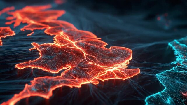Visualizing Connectivity: A Stunning Representation of the United Kingdom with Neon-Infused Data Lines Illustrating Network Interactions Across Regions
