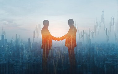 Silhouetted figures shake hands against a city backdrop with superimposed financial data