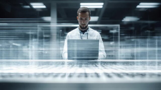 Focused Researcher Analyzes Data in Modern Laboratory Environment with Advanced Technology and Digital Innovations Enhancing Scientific Exploration