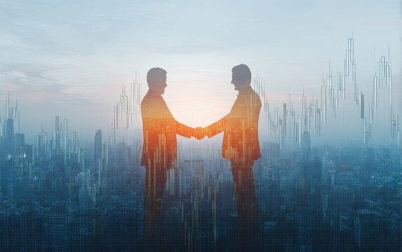Silhouetted figures shake hands against a city backdrop with superimposed financial data