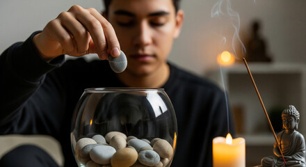 Mindful young man practicing a calming ritual, carefully placing smooth stones in a glass bowl for meditation and stress relief at home