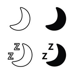 Moon Icons Representing Night and Sleep: Four minimalist moon icons, two in outline and two filled, depicting a crescent moon, with 'Z' symbols indicating rest and tranquility.
