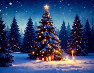 Naklejka premium A cold winter night scene with a decorated Christmas tree in a snowy forest landscape, under a December sky