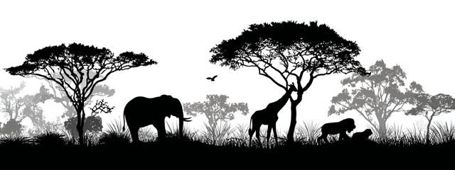 A black and white silhouette scene depicts wildlife in an African savanna setting. Includes trees, animals, and a bird © Bella