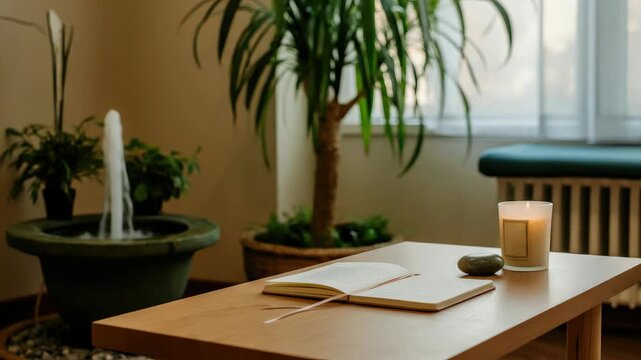 Relaxing indoor space with open journal, candle, plants, fountain