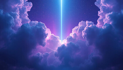 A blue-white beam of light cuts down from above in a straight line, causing the purple-blue clouds to separate.