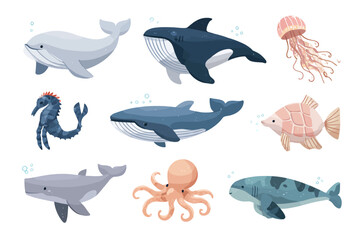 A vibrant cartoon depiction of various sea creatures including whales, fish, jellyfish, and octopus