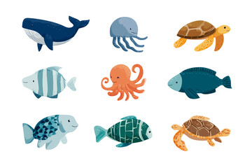 A collection of illustrated marine animals whale, jellyfish, turtle, fish, and octopus on white background