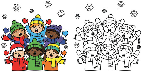 Cheerful Diverse Kids Singing Christmas Carols in Winter Attire with Snowflakes - Festive Holiday Vector Illustration