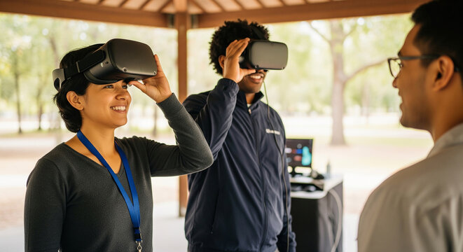 Three diverse colleagues enjoying a shared virtual reality simulation outdoors, demonstrating the future of interactive entertainment and corporate training technology