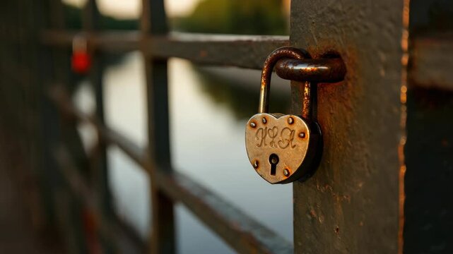 Heart-shaped love lock on bridge railing at sunset