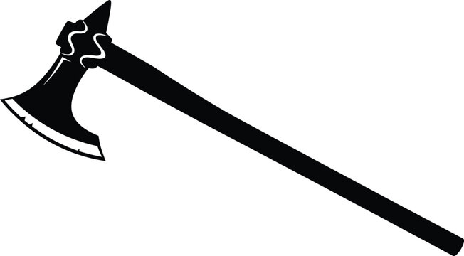Stylized fantasy battle axe with long handle and ornate curved blade, black vector medieval weapon design for combat, warrior, ceremonial art.