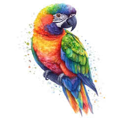 Fototapeta premium Vibrant watercolor painting of a colorful macaw parrot isolated on transparent background, showcasing its stunning plumage and intricate details, a true avian masterpiece