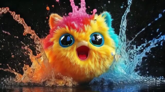 Brightly colored furry creature surrounded by vibrant splashes of paint in an imaginative setting at night