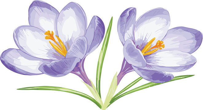 Vector illustration of blooming crocus flowers with purple and white petals, yellow stamens, botanical spring floral artwork design for decorative background