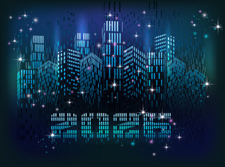 Happy New 2026 year in Winter Night City card, vector illustration
