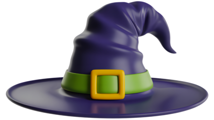 Purple witch hat with green band and yellow buckle isolated on transparent background