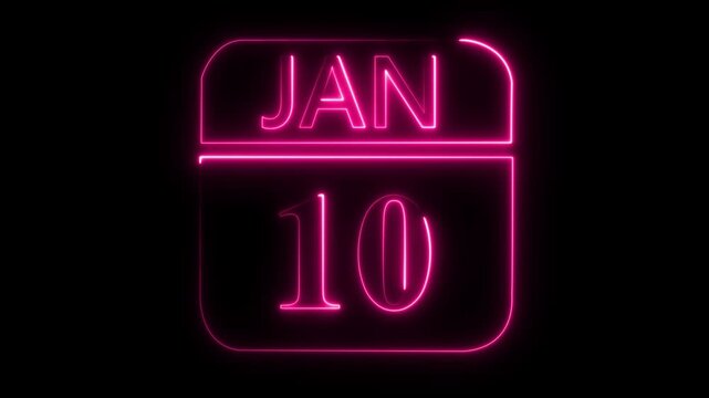 Pink neon glowing calendar page showing January 10th on a black background tenth