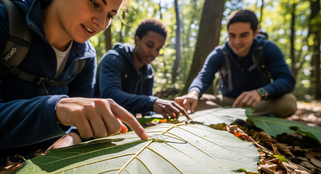A diverse group of young scientists on a field trip, collaborating to study the intricate vein patterns on a large leaf in a sunlit forest - Powered by Adobe