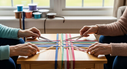 Elderly hands meticulously intertwine colorful ribbons in a collaborative weaving craft, a therapeutic activity fostering connection and community