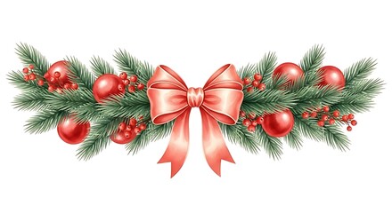 Festive christmas garland with red ornaments and a large peach bow