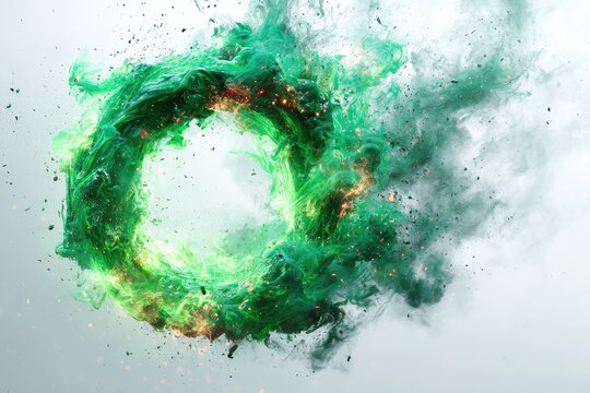 A vibrant, swirling green and orange ring of smoke and fire, reminiscent of a nebula or energy vortex, explodes outward against a muted gray background, with flecks of embers scattered throughout