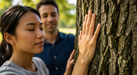 A mindful young woman with her eyes closed feels the texture of tree bark, deeply connecting with nature as her partner watches