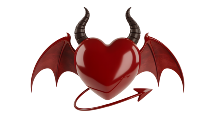 Red devil heart with wings and horns isolated on transparent background