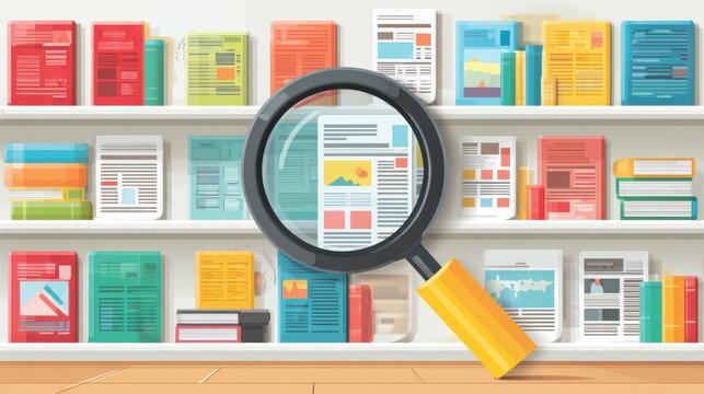 Fact-checking education campaign: Magnifying glass hovering over floating newspapers and digital screens in a bright community library space  
