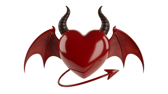 Red devil heart with wings and horns isolated on transparent background