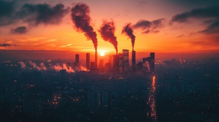 An urban landscape at sunset with factory chimneys spewing smoke and polluting the air—a timely subject for discussing environmental issues, pollution, and climate change.