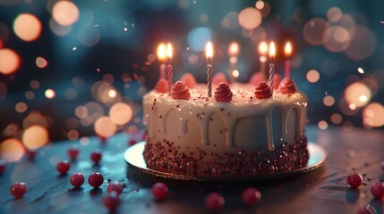 A beautiful cake with burning candles, decorated with berries and glitter, on the festive table—the atmosphere of a magical holiday and joy.