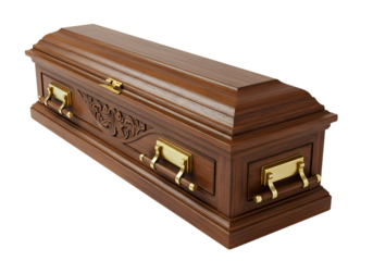 Ornate Dark Wood Casket with Golden Handles