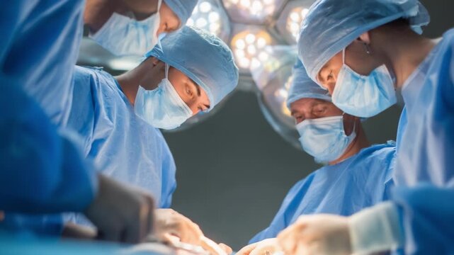 Intense Focus in the Operating Room: A Team of Surgeons Diligently Performing a Complex Surgical Procedure Under Bright Surgical Lights