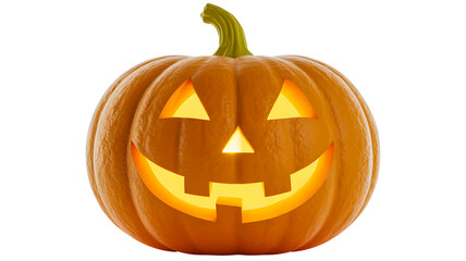 Spooky carved halloween pumpkin glowing with a friendly face isolated on transparent background