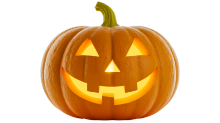 Spooky carved halloween pumpkin glowing with a friendly face isolated on transparent background