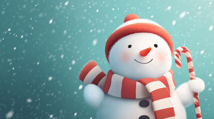 Cute snowman with candy cane winter holiday christmas background art