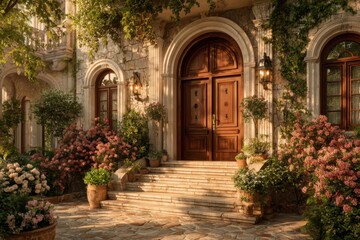 Fototapeta premium Elegant white mansion facade featuring a marble staircase, gold accented door, ionic columns, lanterns, and floral arrangements