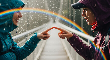 Two smiling women in raincoats connect on a bridge, creating a magical rainbow with their fingertips. A beautiful concept of friendship and connection