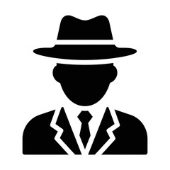 silhouette man with hat glyph icon representing mystery, elegance, and classic style