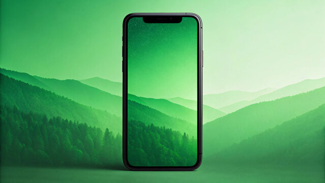 Smartphone displaying misty green mountain forest landscape wallpaper against matching green mountain scenery background perfect product mockup