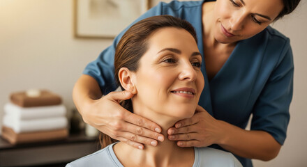 Professional female doctor performs a thyroid gland examination by palpating the neck of a smiling mature woman during a clinic visit