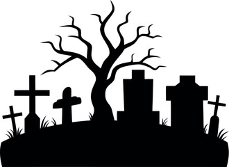 Graveyard Scene with Crooked Tombstones and Crosses